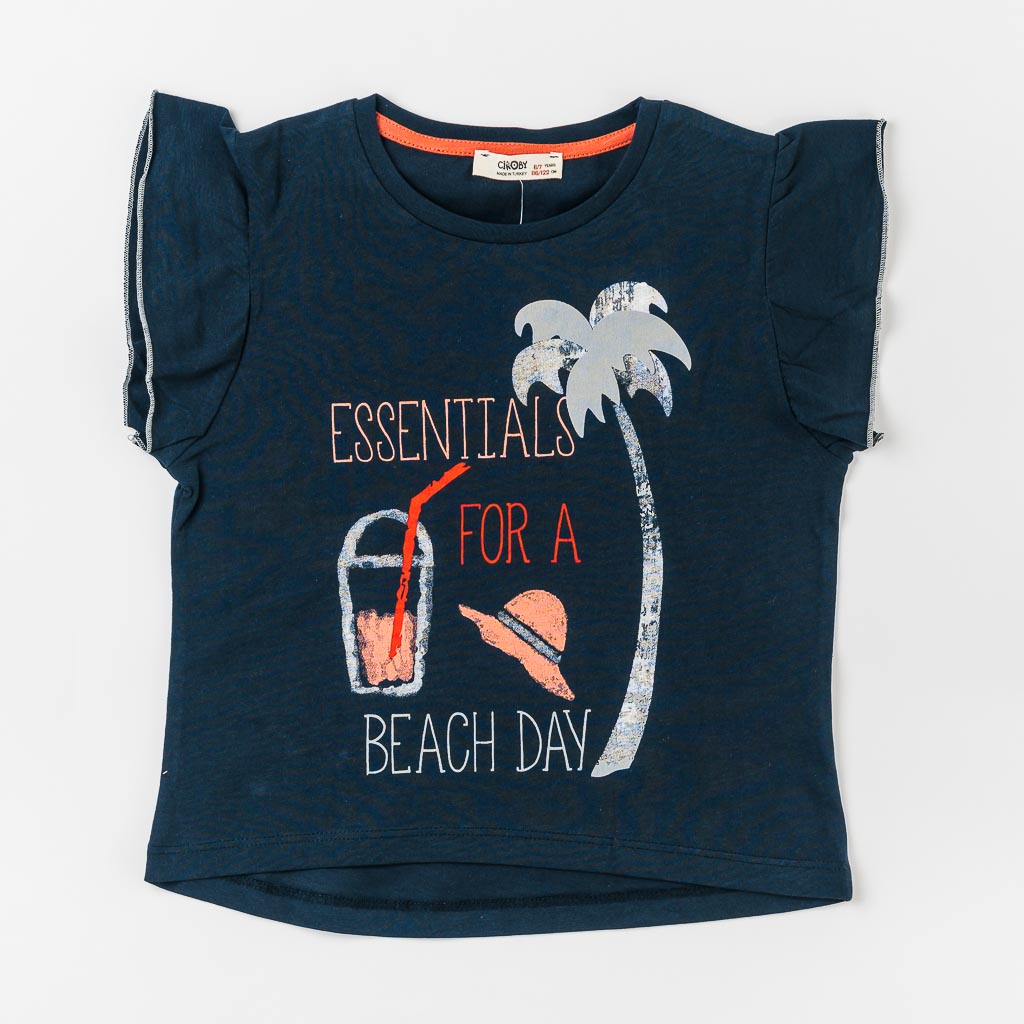 Детска тениска за момиче с щампа Cikoby Essentials Тъмносиня