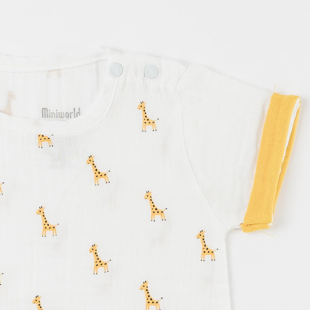Бебешки комплект с къс ръкав за момче Miniworld Giraffe Бял