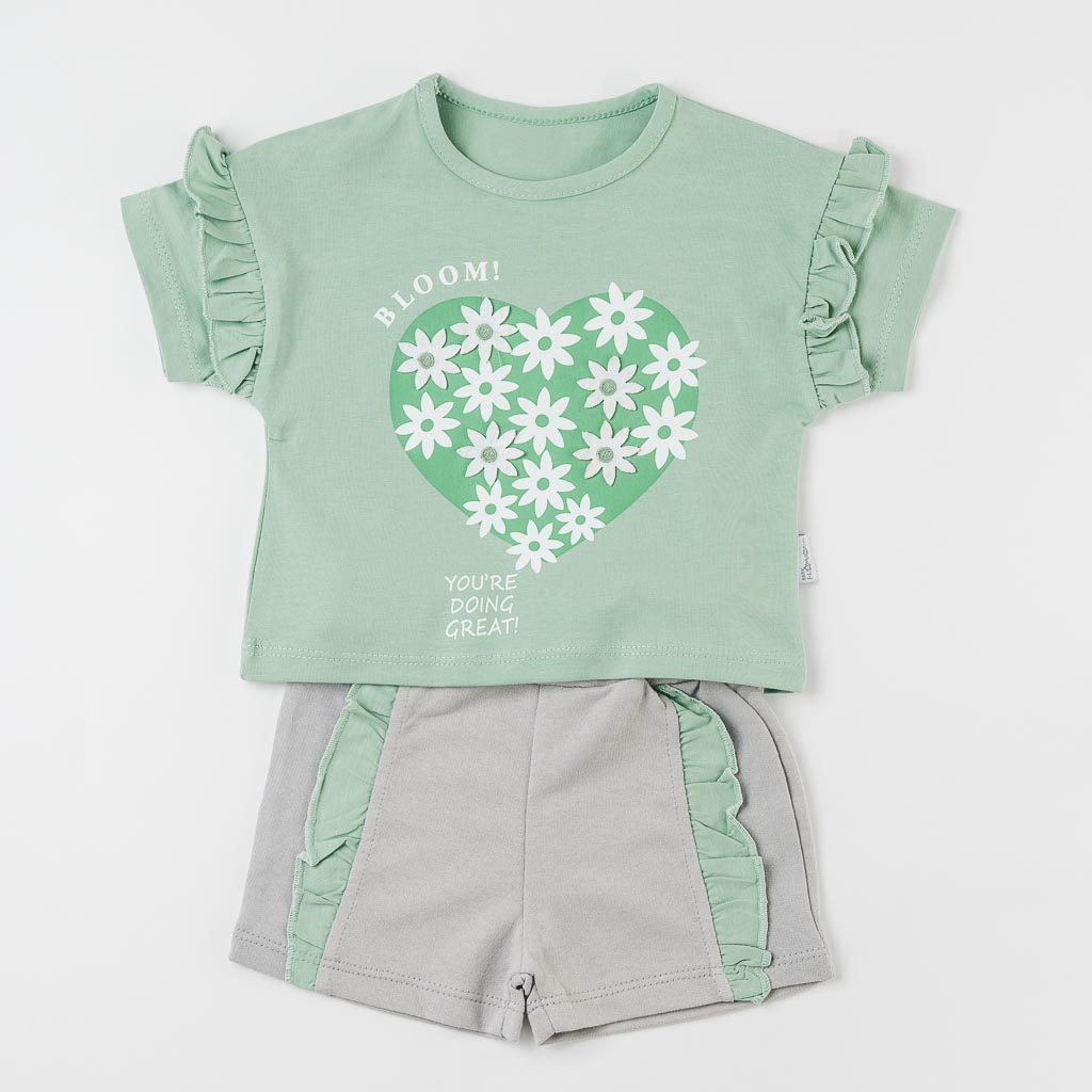 Бебешки комплект тениска и къси панталонки за момиче Flamingo Bloom Зелен
