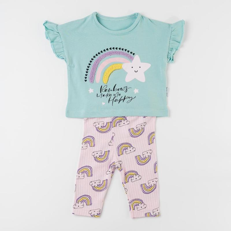 Бебешки комплект тениска и клинче  момиче Flamingo Star Мента