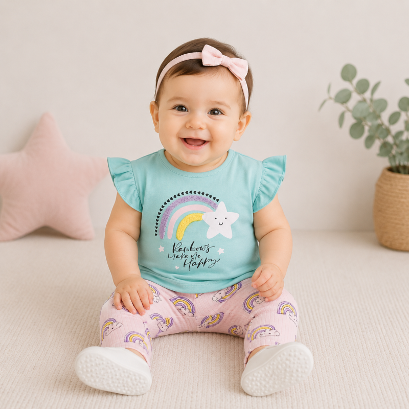 Бебешки комплект тениска и клинче  момиче Flamingo Star Мента