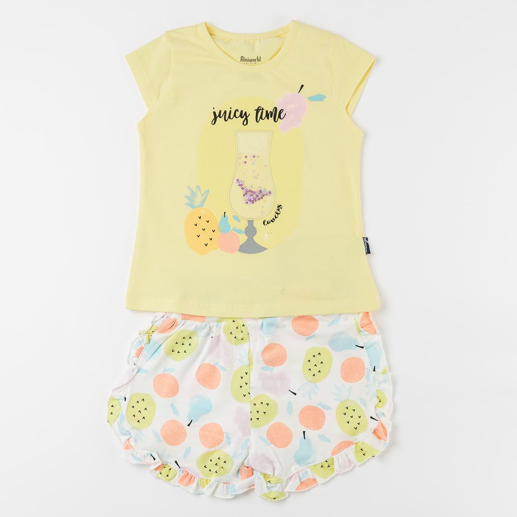 Детски комплект за момиче тениска и къси панталонки Miniworld Juicy Time Жълт