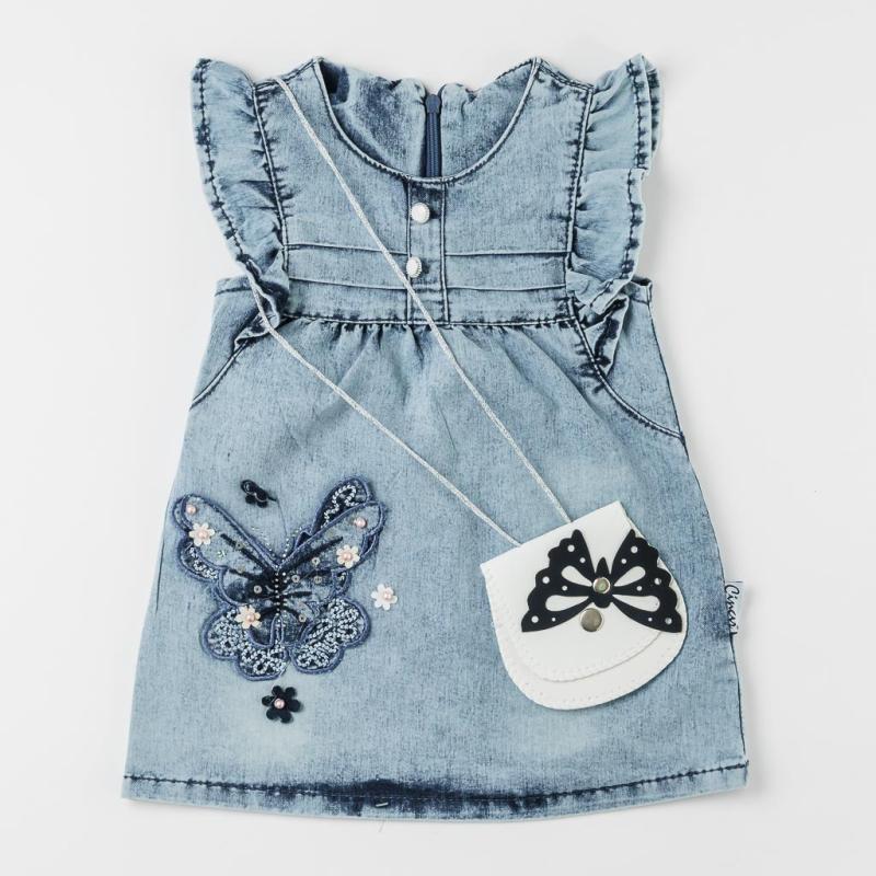 Rochie de blugi pentru bebe  Cincir   Blue Butterfly  cu poşetuţă