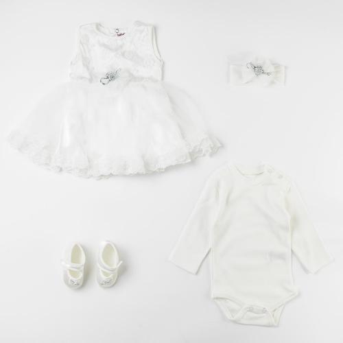 Комплект за изписване за момиче 4 части с рокля и обувчици Bebes White Rose Бял