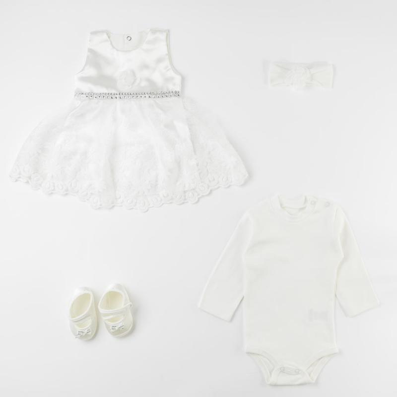 Set For a girl 4 parts with a dress and baby shoes  Bebes White Princess  White