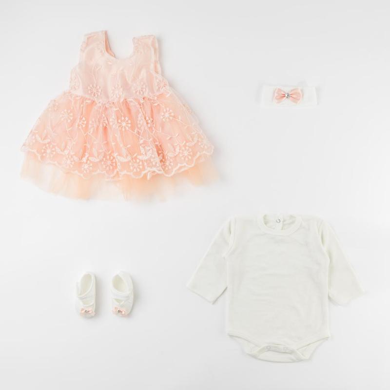 Set For a girl 4 parts with a dress and baby shoes  Tiasis Peach Dream  Peach