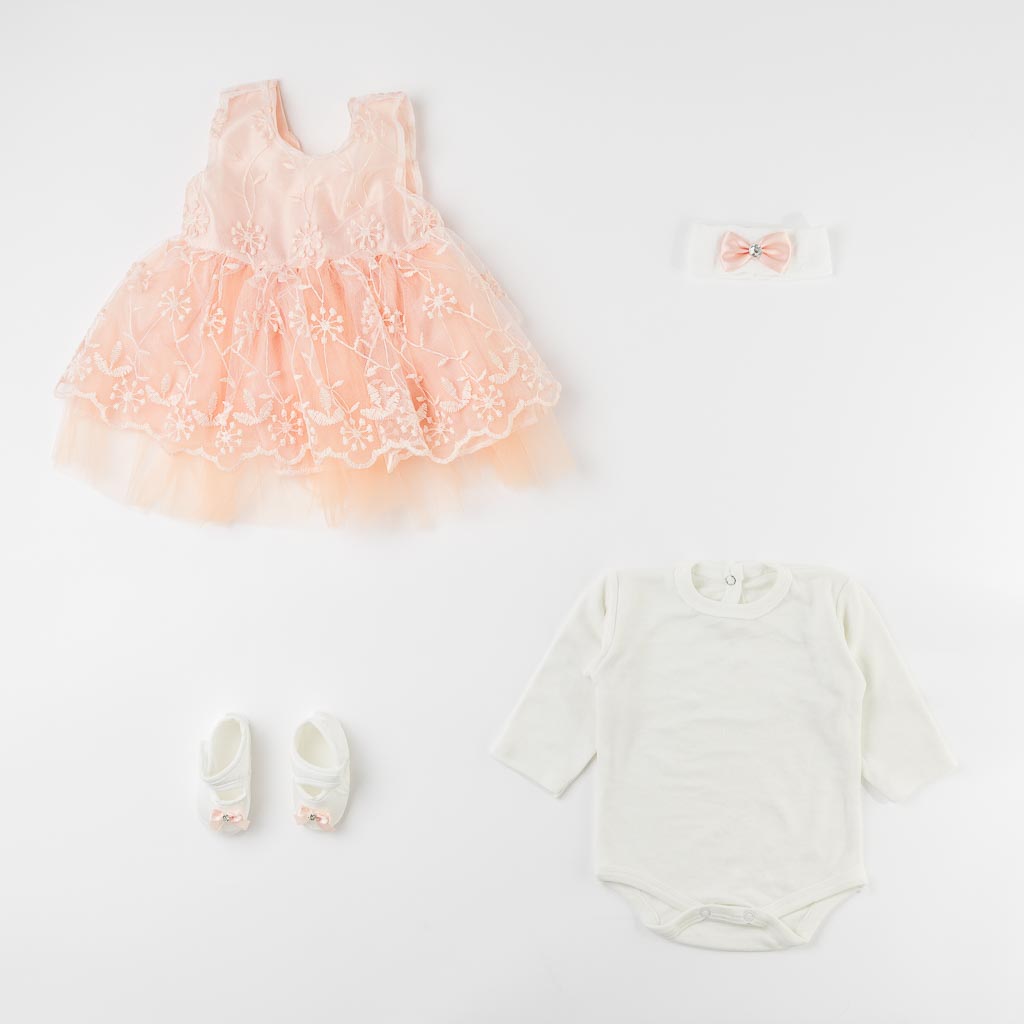 Βρεφικο σετ Για Κορίτσι 4 τεμαχια με φορεμα με βρεφικα παπουτσακια  Tiasis Peach Dream  Ροδακινι