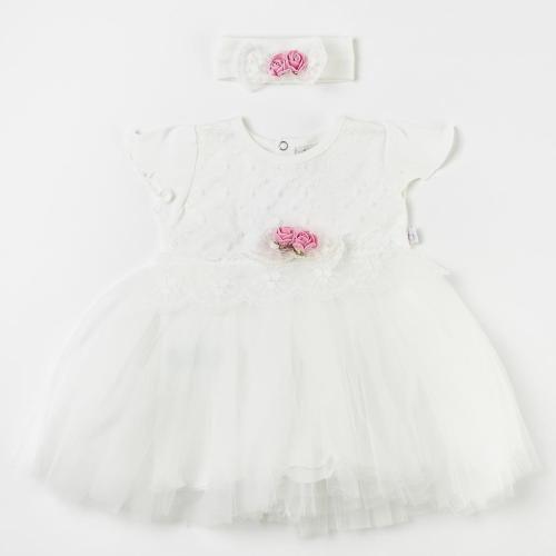 Бебешка официална рокля с тюл и лента за коса Bulsen Baby Roses Are My Flowers Бяла