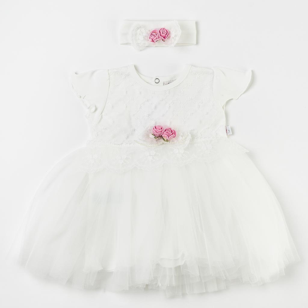 Бебешка официална рокля с тюл и лента за коса Bulsen Baby Roses Are My Flowers Бяла