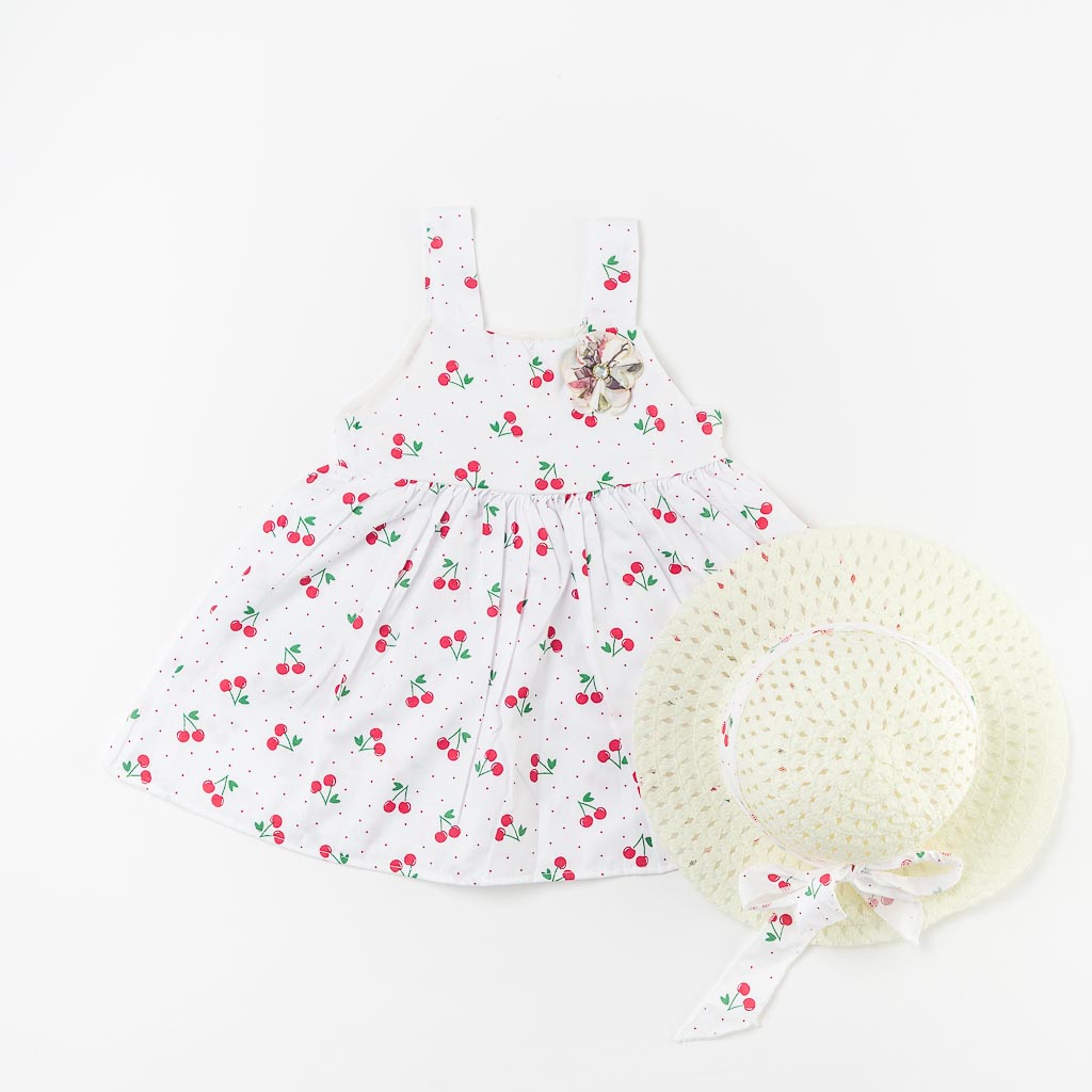 Детски комплект рокля и шапка Kidex Cherrys Бял