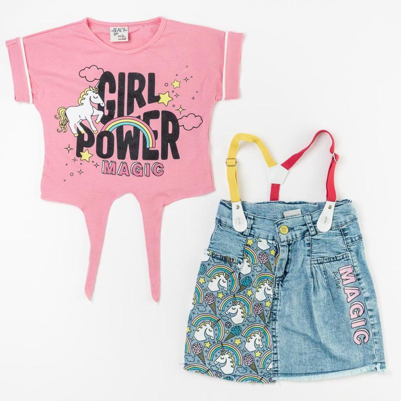 Детски комплект тениска и дънкова пола Unicorn Vibes Розова