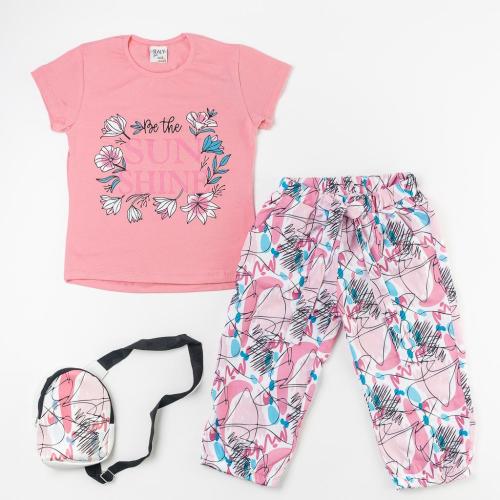 Детски комплект за момиче тениска 3/4 панталон и чантичка Selay Розов
