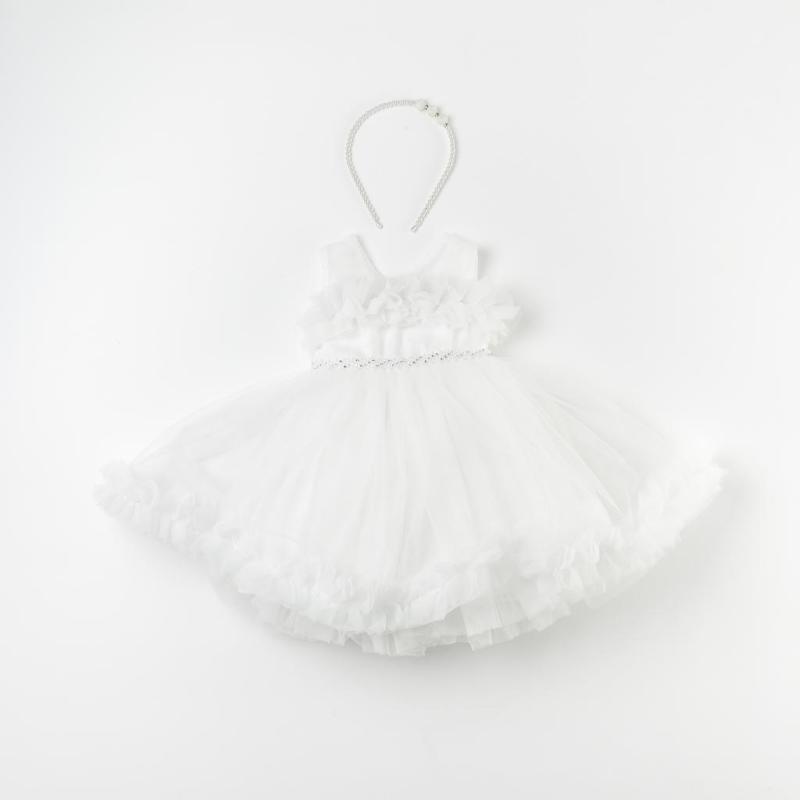 Детска официална рокля с тюл брокат и диадема Miss Lucia White Princess Бяла
