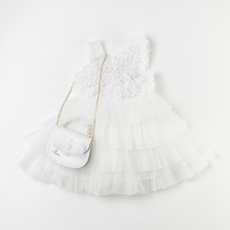 Childrens formal dress with tulle  Eleonora White Rose  with a bag White