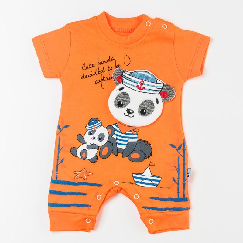 Baby overalls with short sleeves For a boy  Cute Panda  Orange