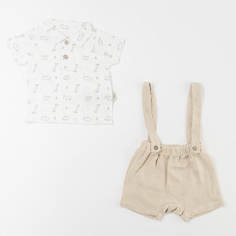 Baby set with short sleeves shirt and pants with suspenders  Hi Hippo  Beige