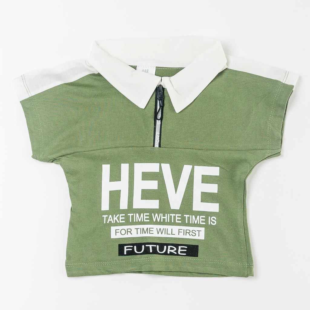 Бебешки комплект тениска с яка и къси панталонки за момчеJNF Collection Heve Зелен