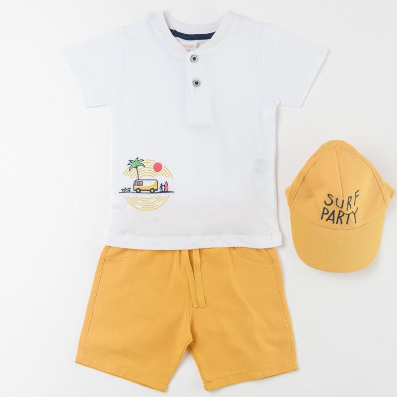 Childrens clothing set t-shirt and shorts For a boy  Lets Trip  with a hat Yellow