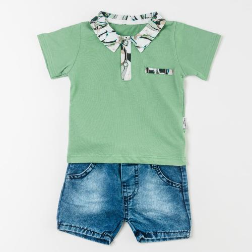 Бебешки комплект тениска с яка и дънки Cim Cim - Cool Baby Зелен