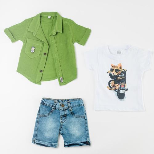 Бебешки комплект тениска дънки и риза с къс ръкав за момче This Crazy Cat Зелен
