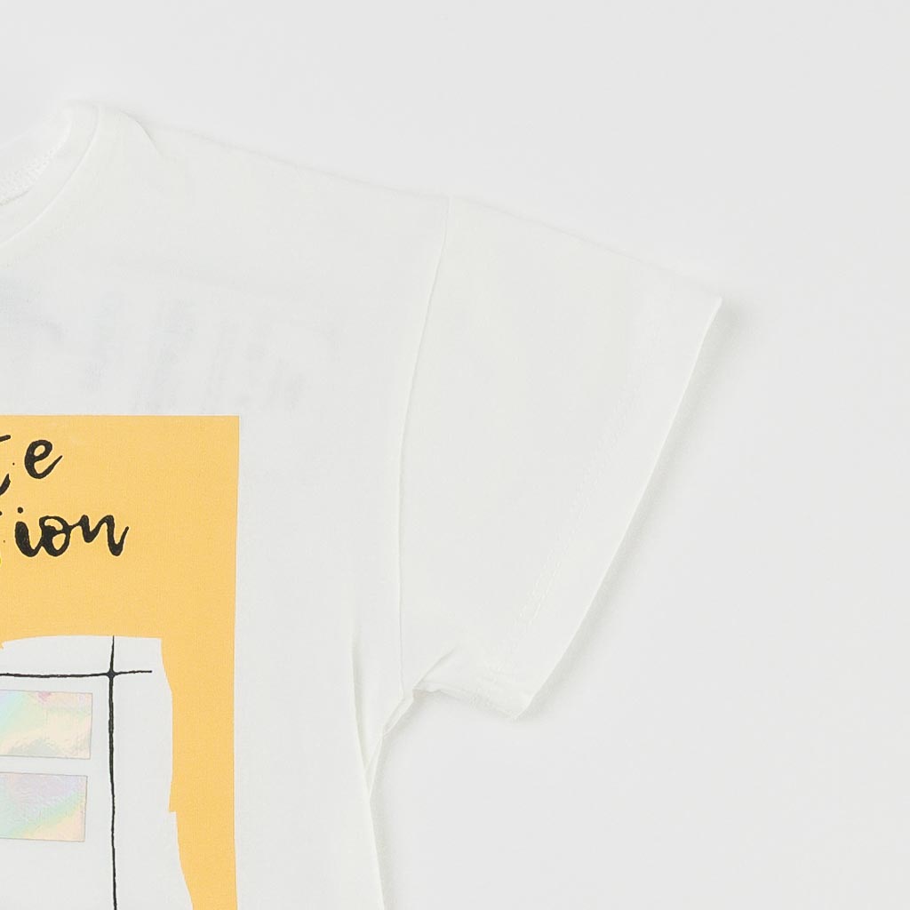 Детски комплект тениска и дънки за момиче Mundo Petite Question Бял