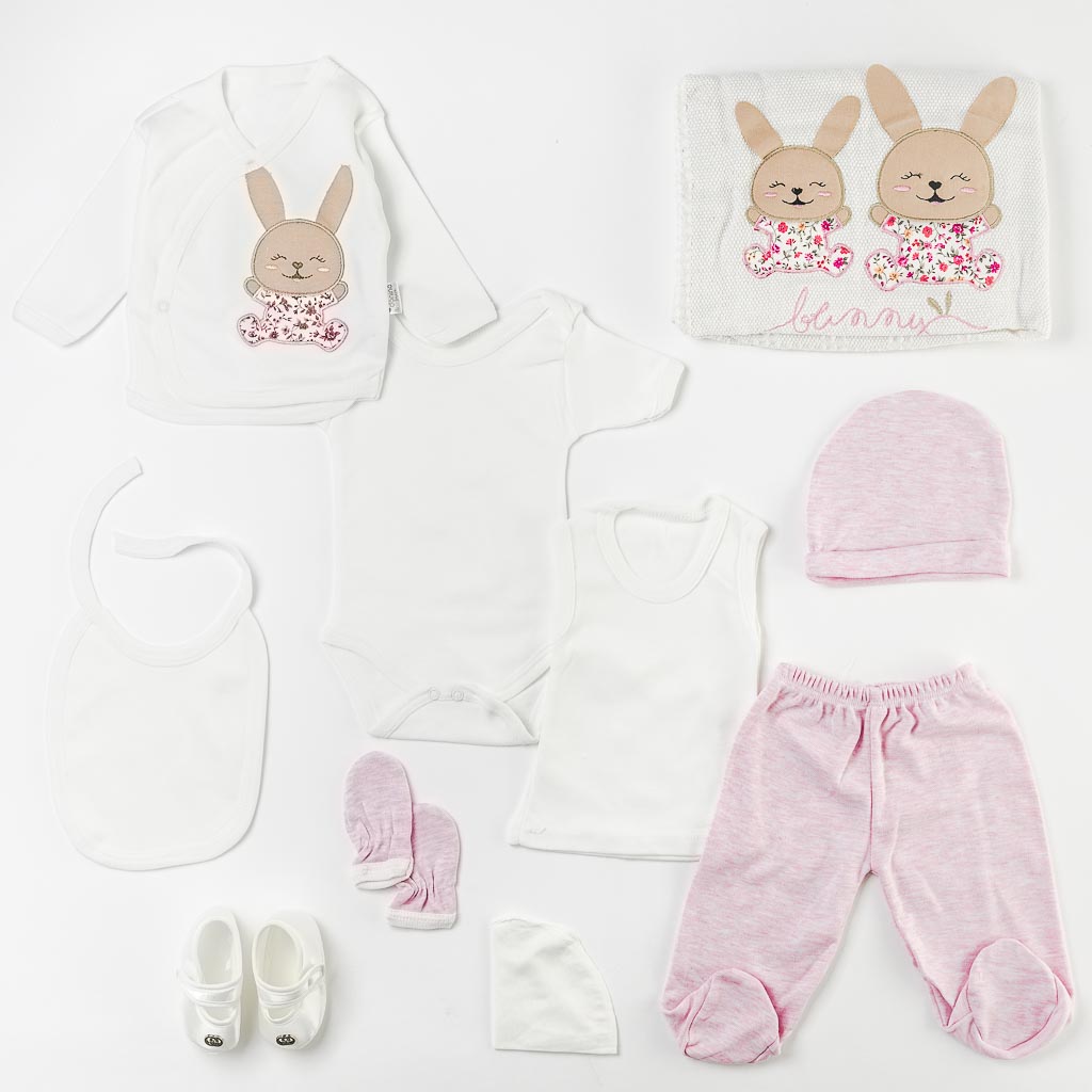 Βρεφικο σετ με κουβέρτα Για Κορίτσι  Funny Bunny  10 τεμαχια με παπουτσακια Ροζ