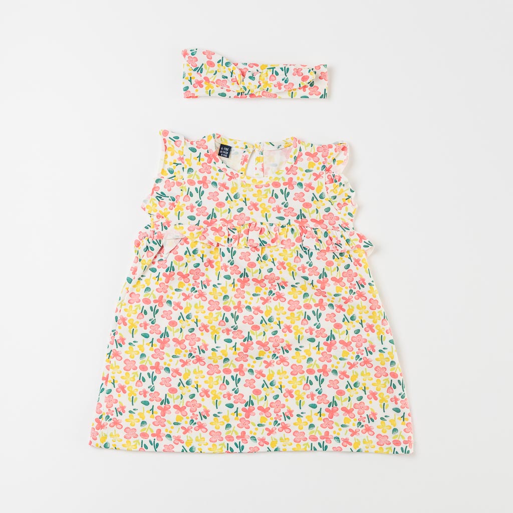 Βρεφικο φορεμα аπό τρικο με κορδελα για τα μαλλια  Miniworld   Summer Flowers  Ροζε