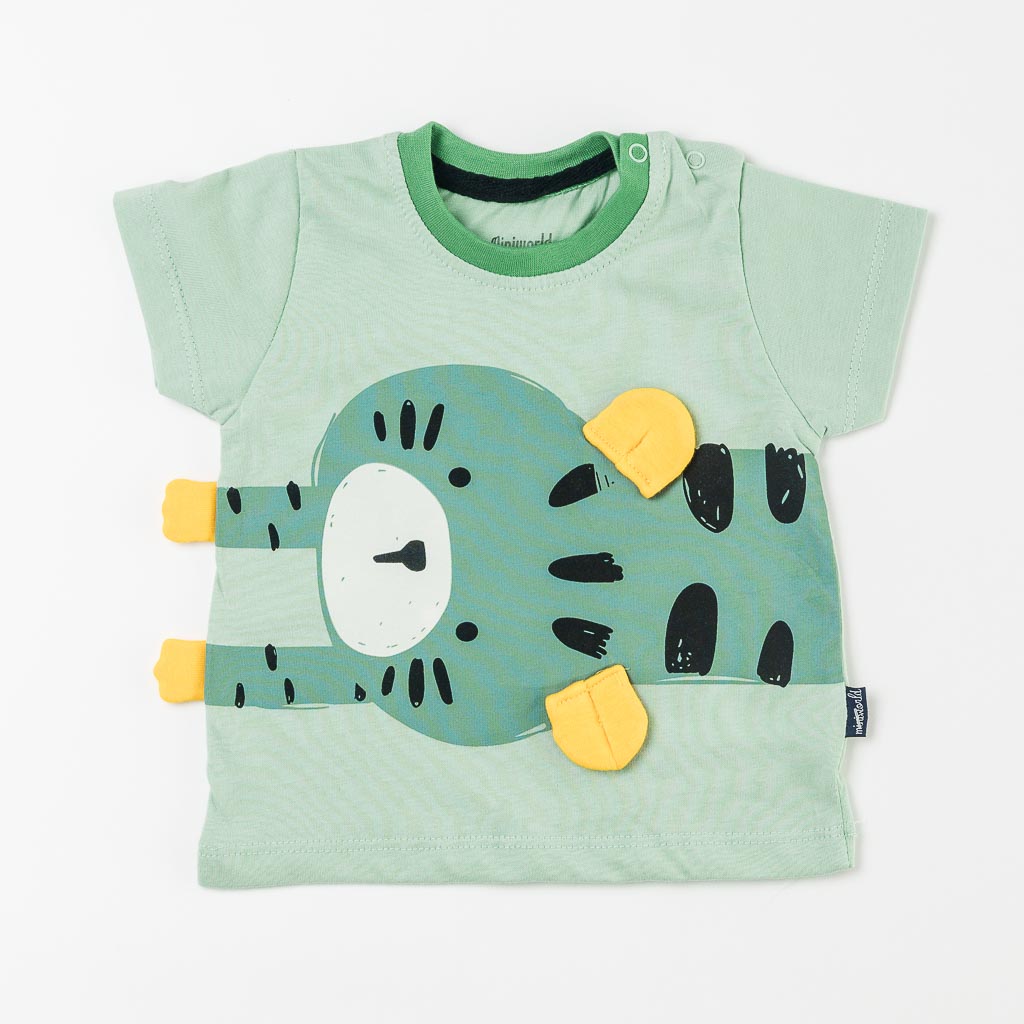 Бебешки комплект за момче тениска и къси панталонки Miniworld Playing Cat Зелен