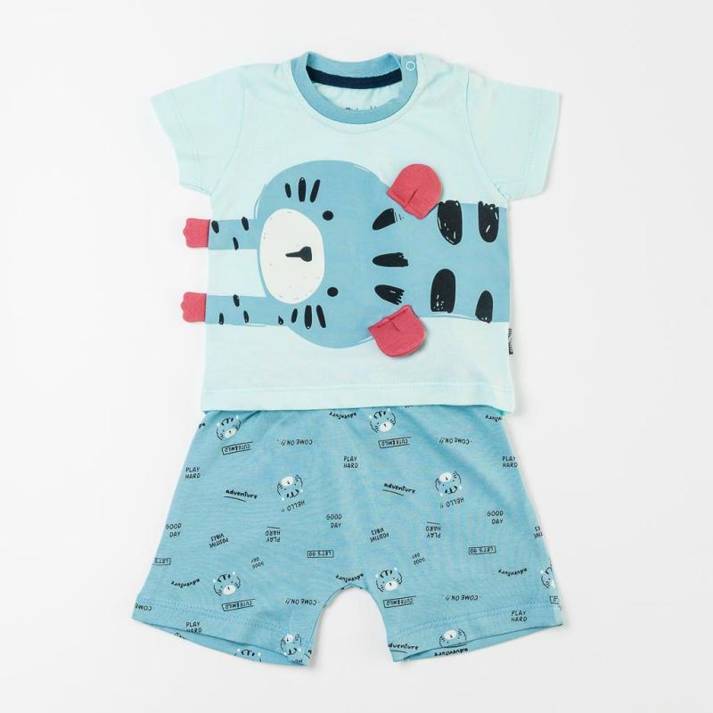 Baby set For a boy t-shirt and shorts  Miniworld Playing Cat  Blue