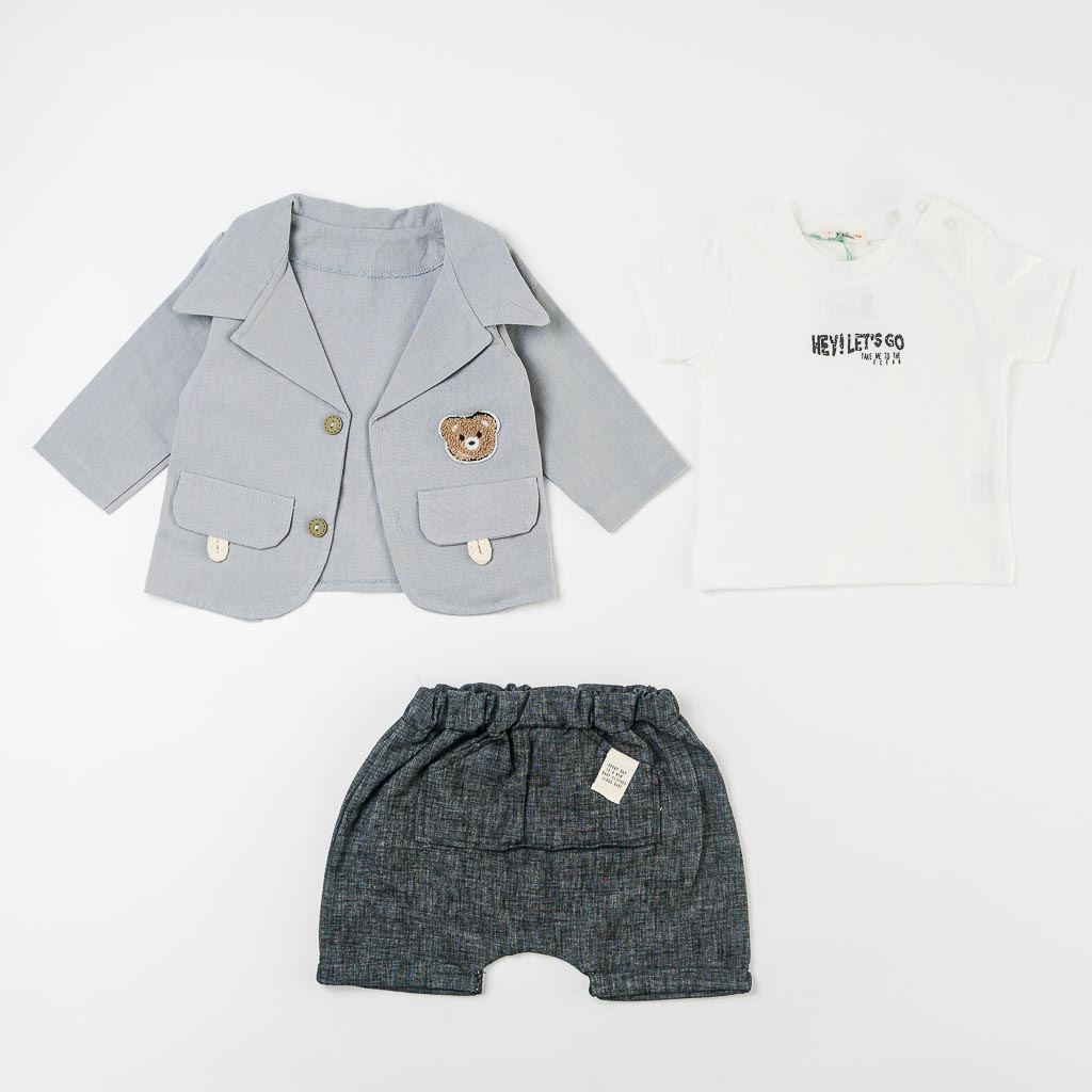 Бебешки комплект тениска панталон и сако за момче Jiko Baby Hey Lets Go Сив