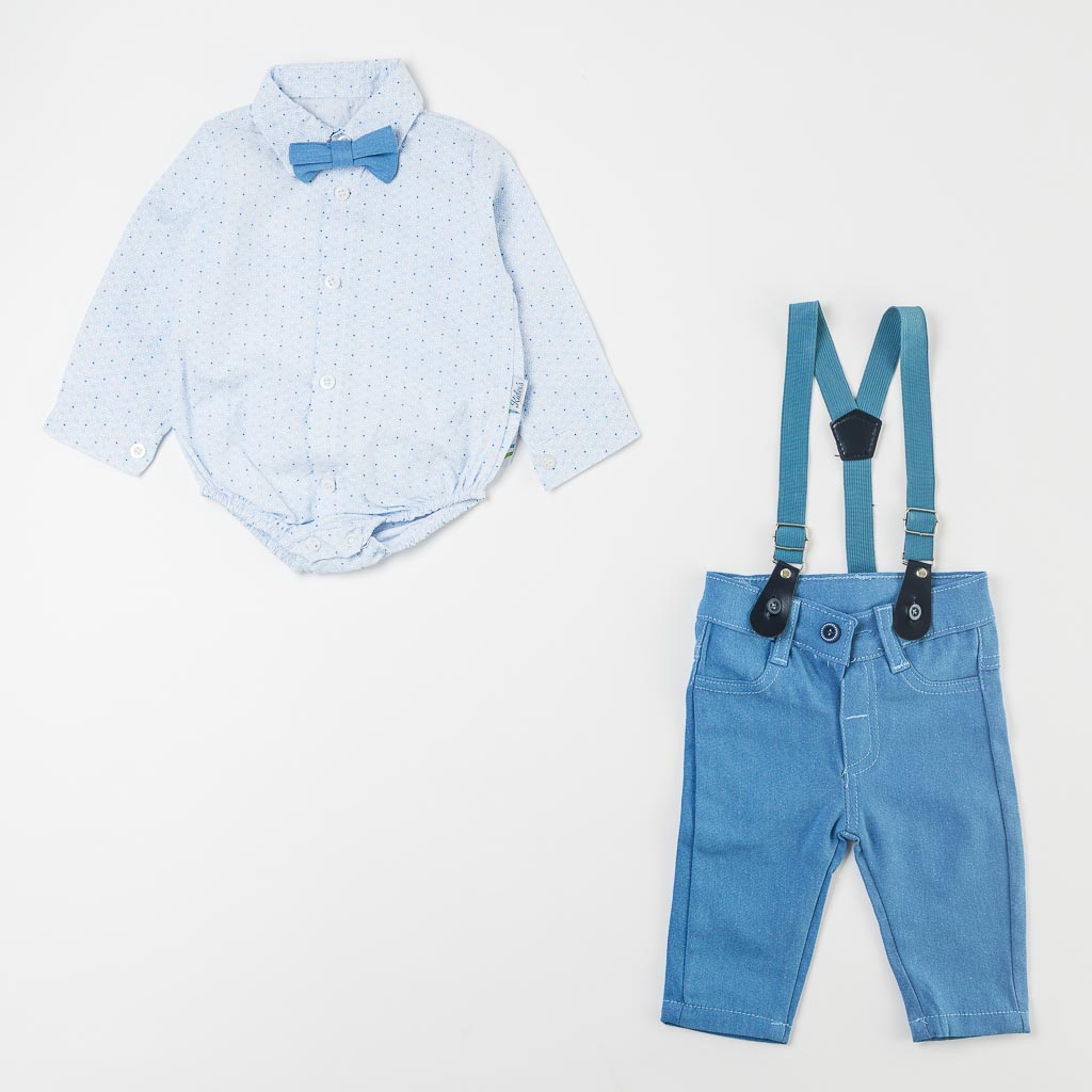 Бебешки костюм за момче с папионка и тиранти Kidex Baby Blue Gentleman Син