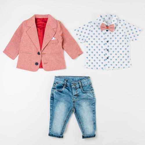 Бебешки костюм за момче дънки риза  с папионка и сако Ecoo Kids Червен