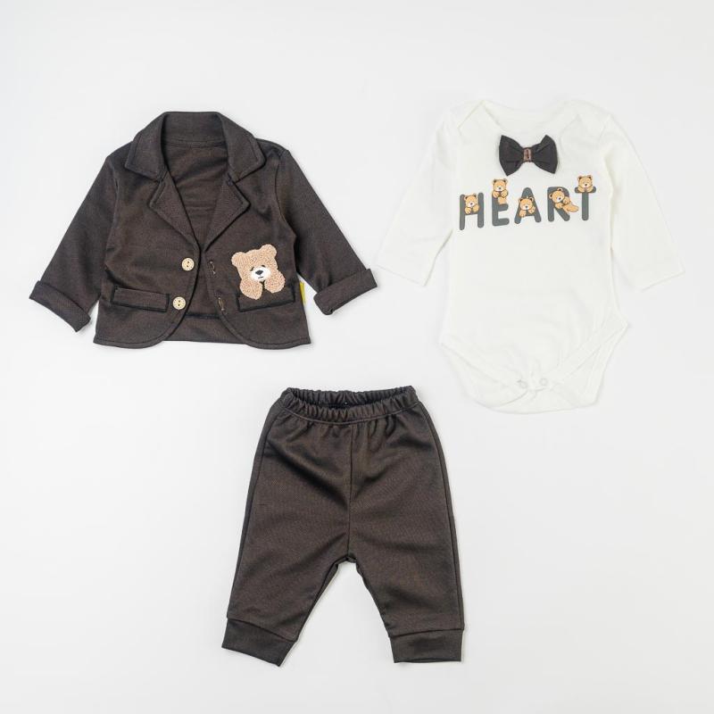 Бебешки комплект от 3 части  момче със сако N-cey Bear Кафяв