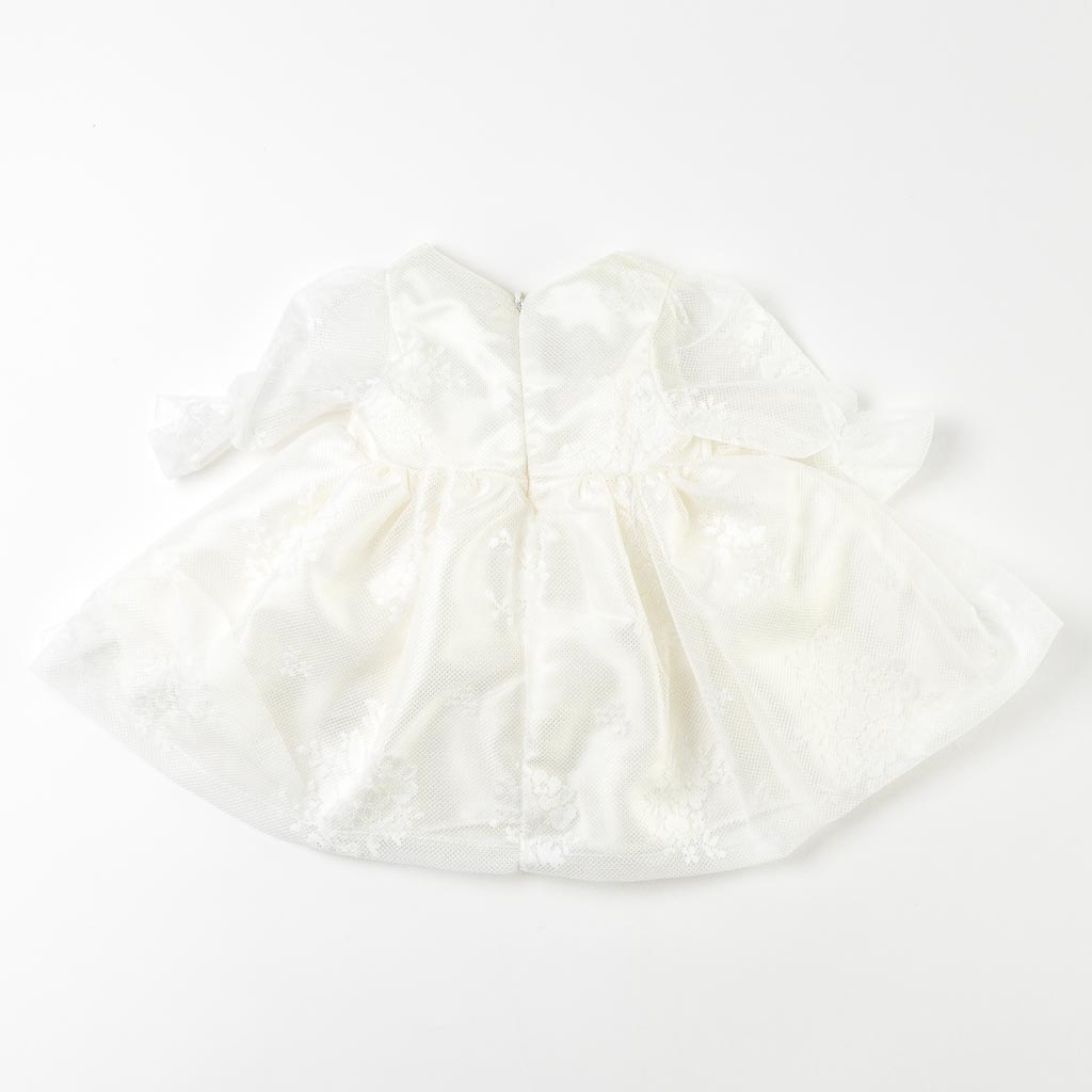 Бебешки комплект официална рокля с дантела с чорапогащник лента за коса и обувчици Amante Flower2 Бял