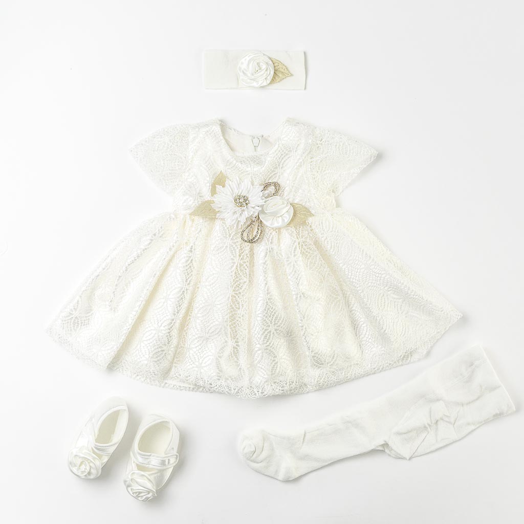 Бебешки комплект лятна официална рокля с дантела с чорапогащник лента за коса и обувчици Amante White Lady Бял