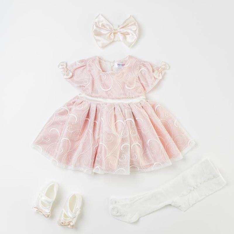 Бебешки комплект лятна официална рокля с дантела с чорапогащник лента  коса и обувчици Amante Style Look Розова