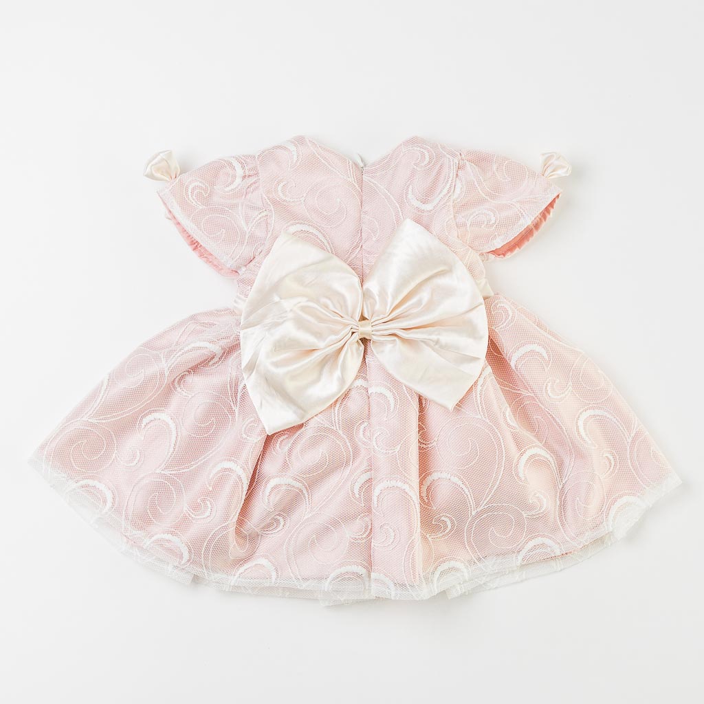Бебешки комплект лятна официална рокля с дантела с чорапогащник лента за коса и обувчици Amante Style Look Розова