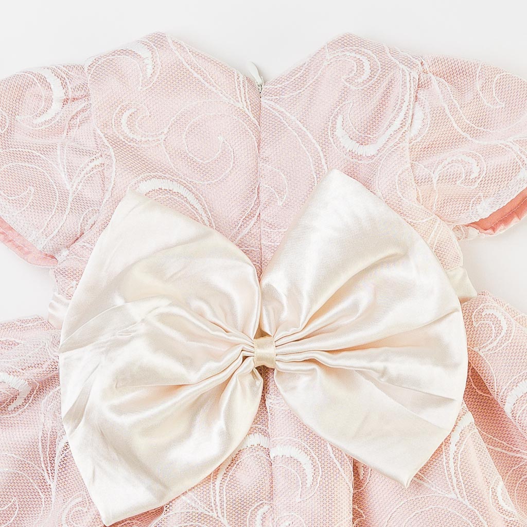 Бебешки комплект лятна официална рокля с дантела с чорапогащник лента за коса и обувчици Amante Style Look Розова