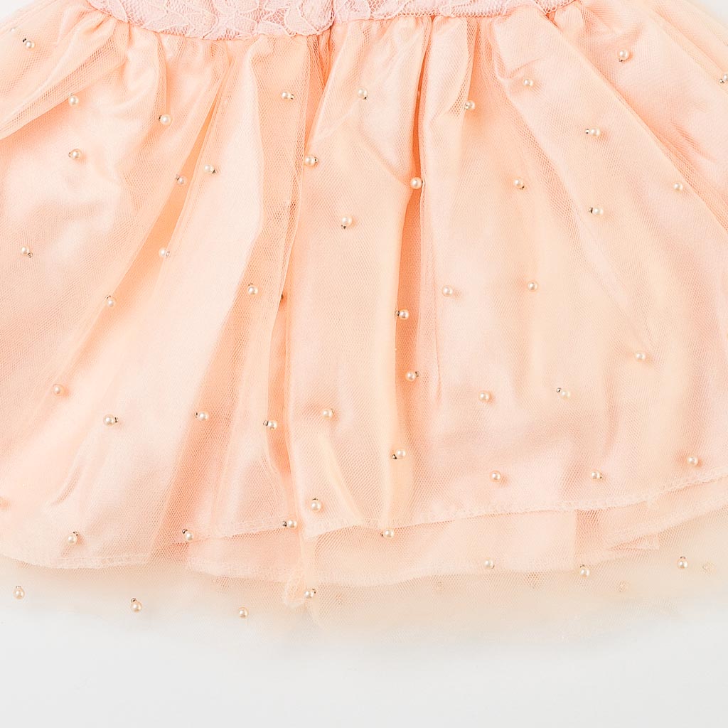 Бебешки комплект лятна официална рокля с тюл с чорапогащник лента за коса и обувчици Amante Праскова