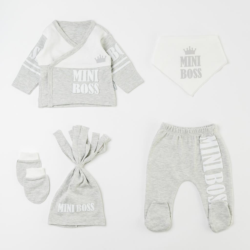 Комплект за новородено момче Mini Baby - Mini Boss 5 части Сив