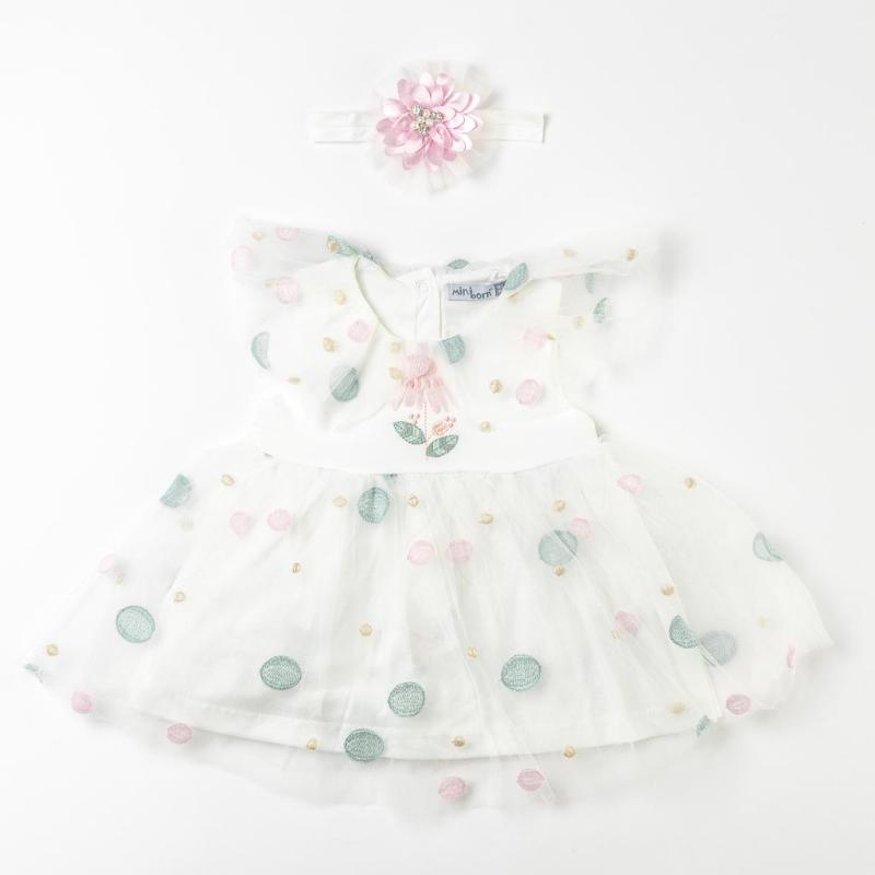 Бебешка официална рокля с тюл и лента  коса MiniBorn Sweet Little Flower Бяла