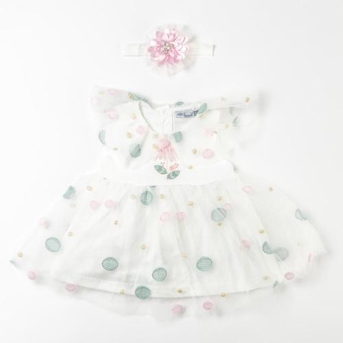 Βρεφικο επισημο φορεμα με τουλι με κορδελα για μαλλια  MiniBorn Sweet Little Flower  ασπρα