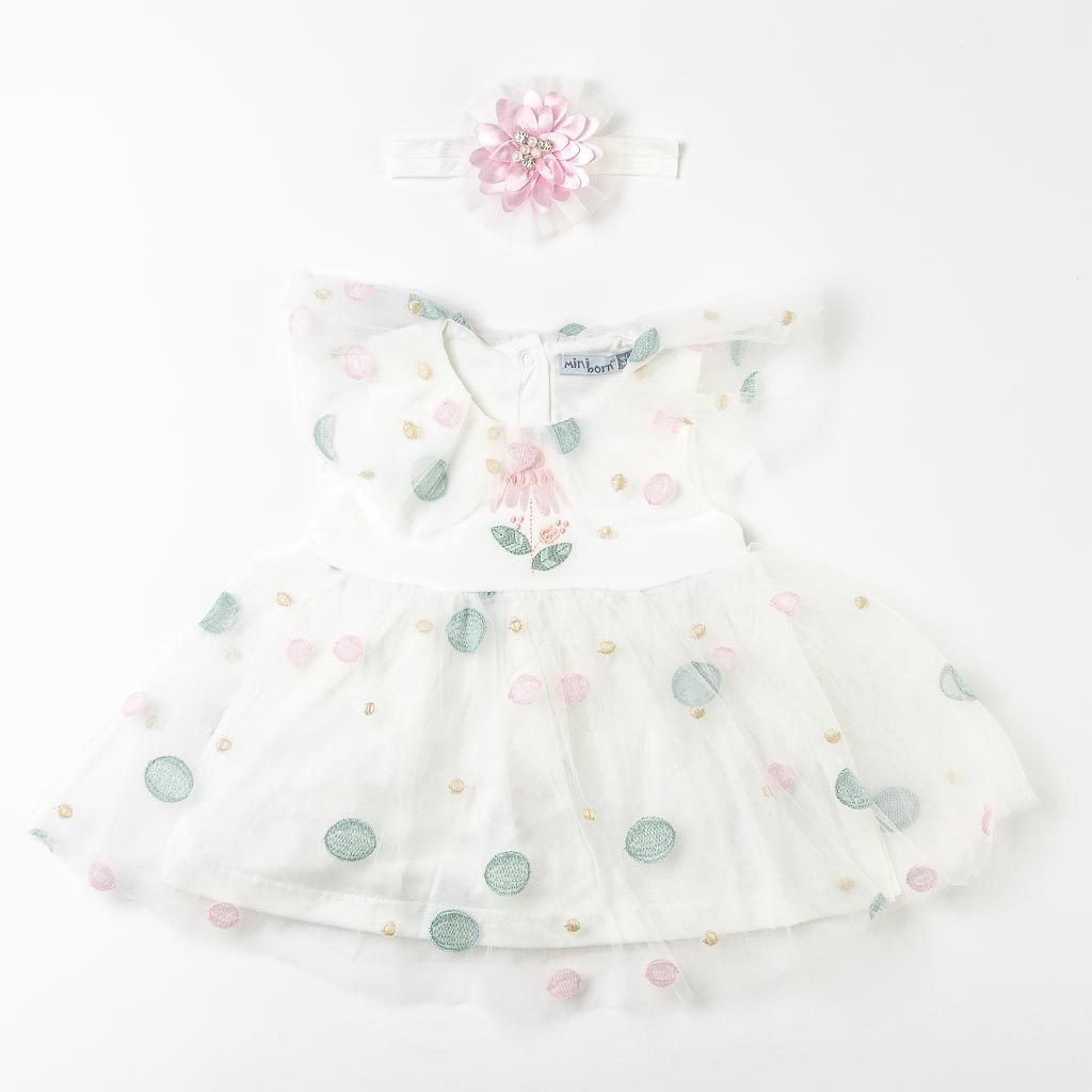 Бебешка официална рокля с тюл и лента за коса MiniBorn Sweet Little Flower Бяла