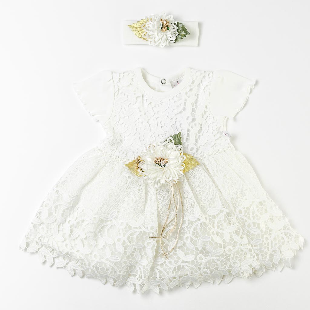 Бебешка официална рокля с дантела и лента за коса Bulsen Baby Бяла