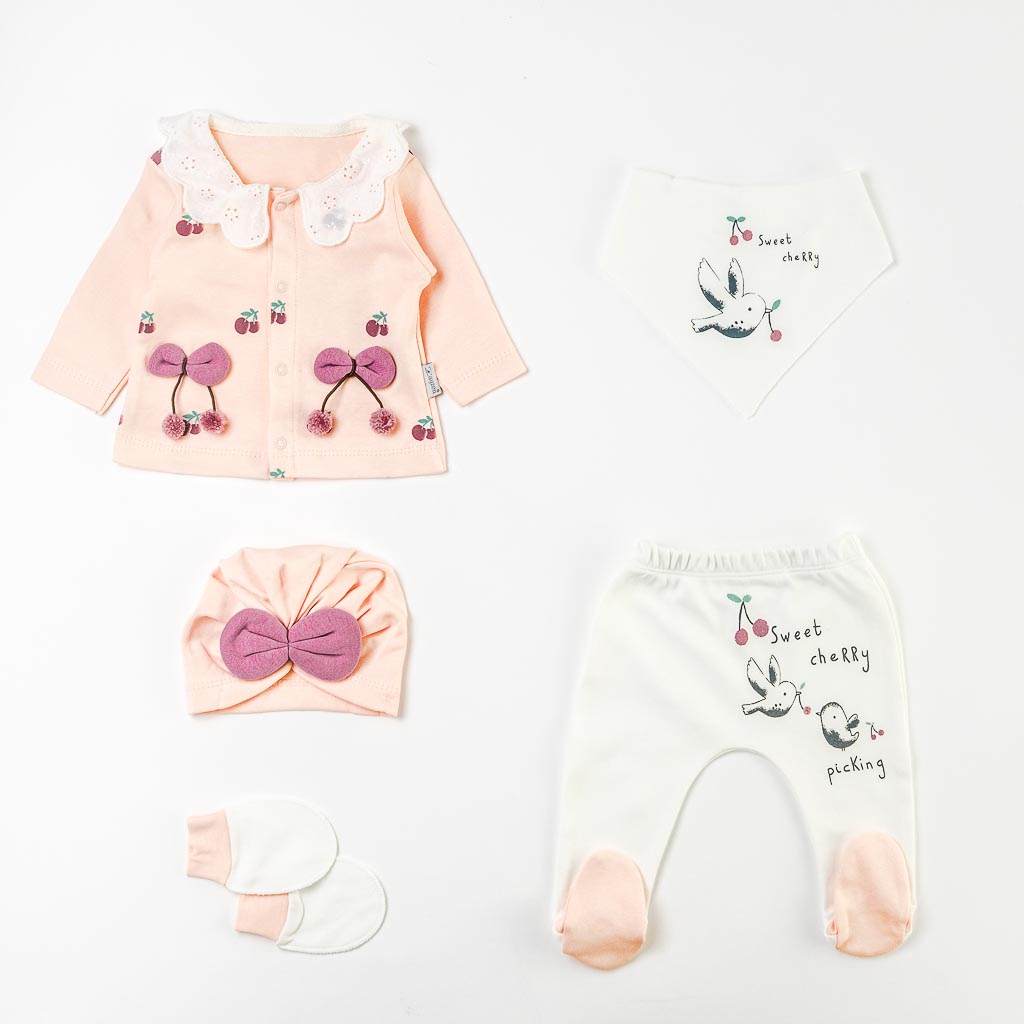 Βρεφικο Σετ για νεογεννητα Κορίτσι 5 τεμάχια  Mini Baby Cherry baby  Ροδακινι