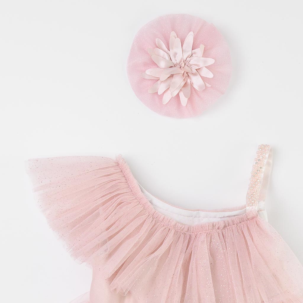 Παιδικο επισημο φορεμα με τουλι με μπροκάρ Ροζε