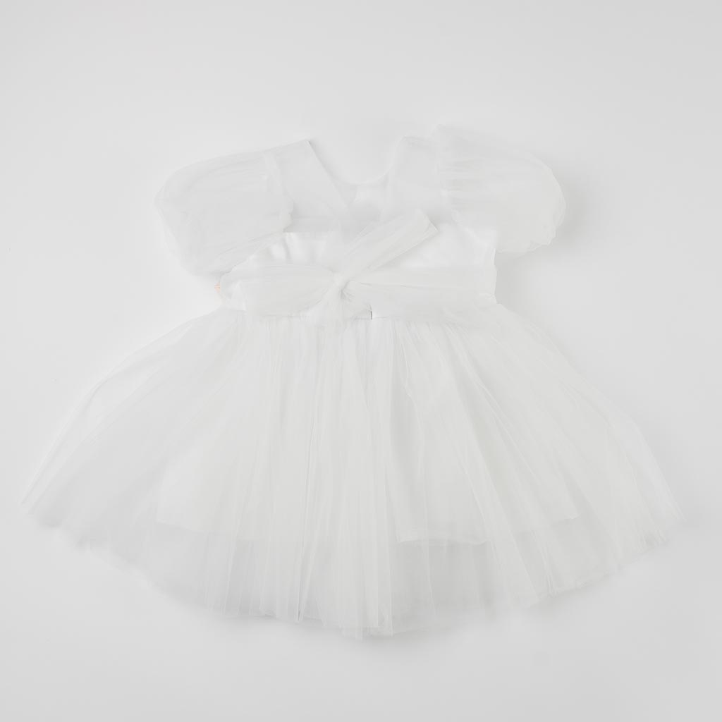 Детска официална рокля Ayisig Gentle Flower с тюл и камъни буфан ръкав Бяла