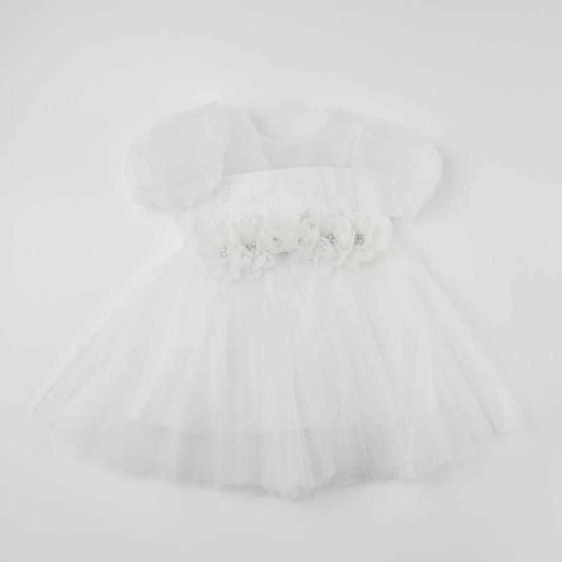 Детска официална рокля Ayisig Gentle Flower с тюл и камъни буфан ръкав Бяла