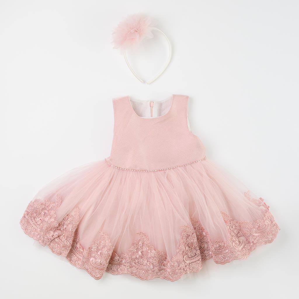 Детска официална рокля с дантела и диадема Pink Beauty - Розова