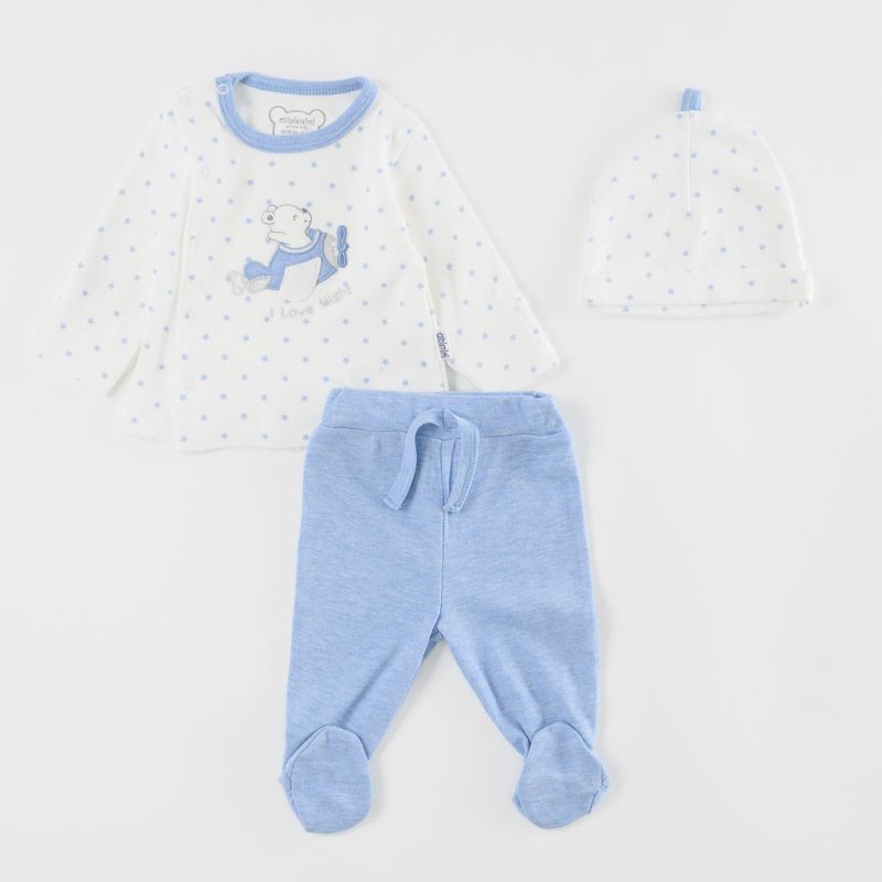 Set pentru bebeluși Pentru băiat Bluză pantaloni bebe şi căciulă  I Love Flight  Albastru